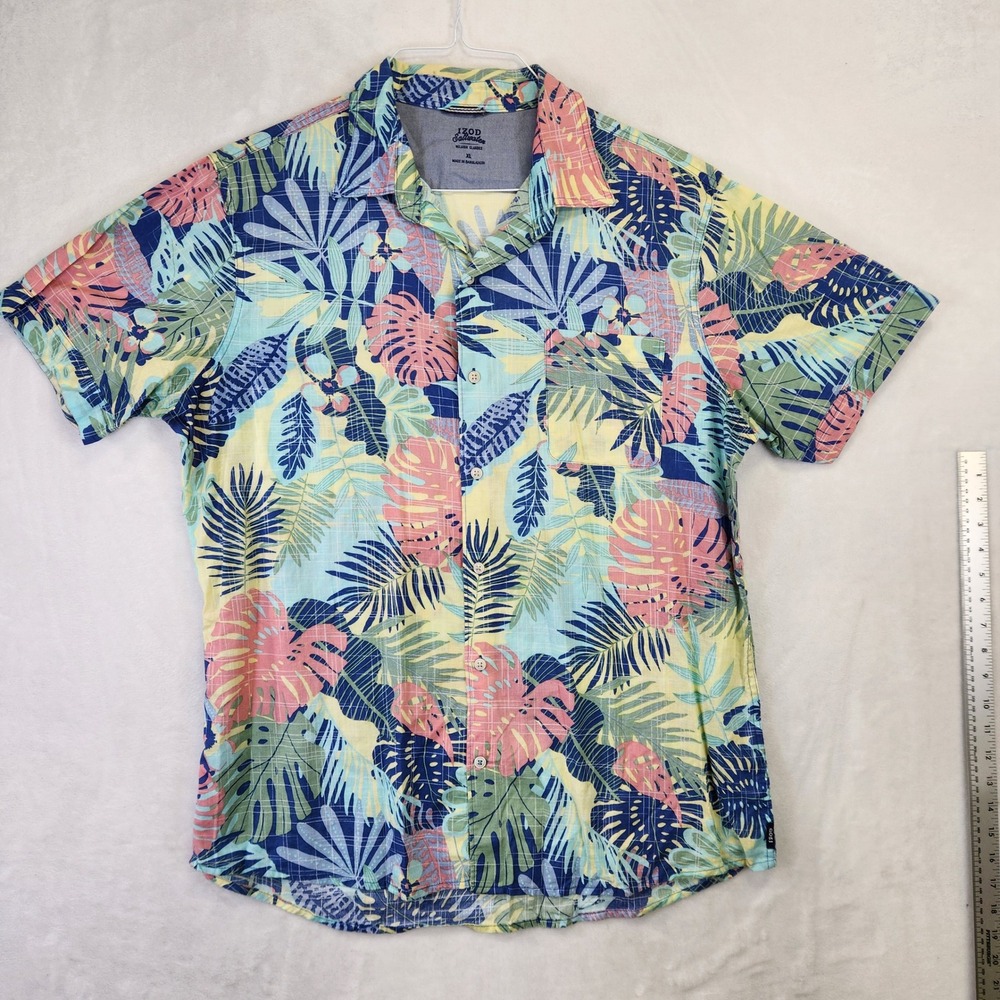 IZOD Saltwater Mens XL‎ Tropical Monstera Palm Leaf Button Up Shirt Blue Pink